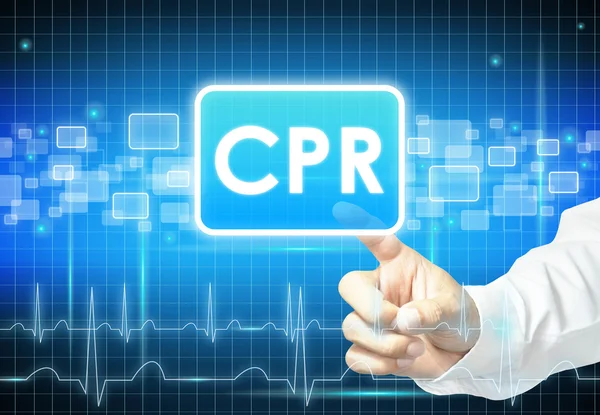 Ruka se dotýká cpr znamení na virtuální obrazovky — Stock fotografie