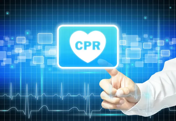 Ruka se dotýká cpr znamení na virtuální obrazovky — Stock fotografie