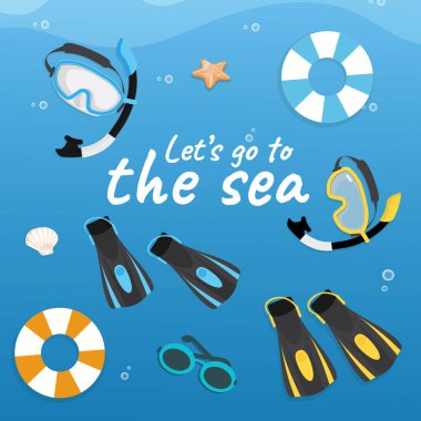 Set of beach accessories and diving equipment vector icons clipart