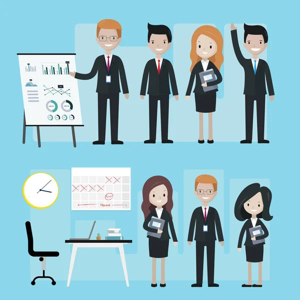 İş adamları çizgi film karakterleri ve ofis malzemeleri, vektör simgesi ayarlandı
