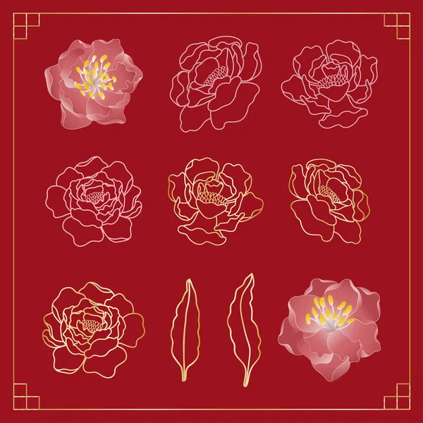 Peony Flower Vector Icon Set Red Oriental Style Background — Stock Vector