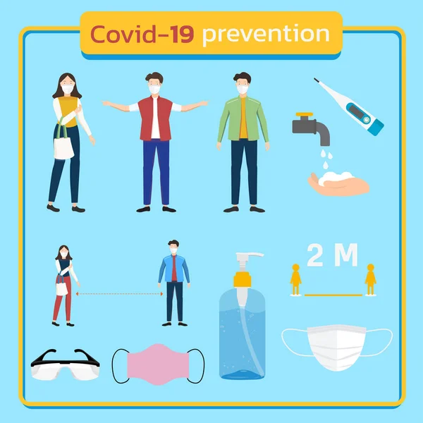Covid Prevention Set Including People Wearing Mask Social Distancing Protective - Stok Vektor