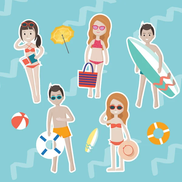 Set of cartoon people characters in summer swimsuits with beach accessory icons