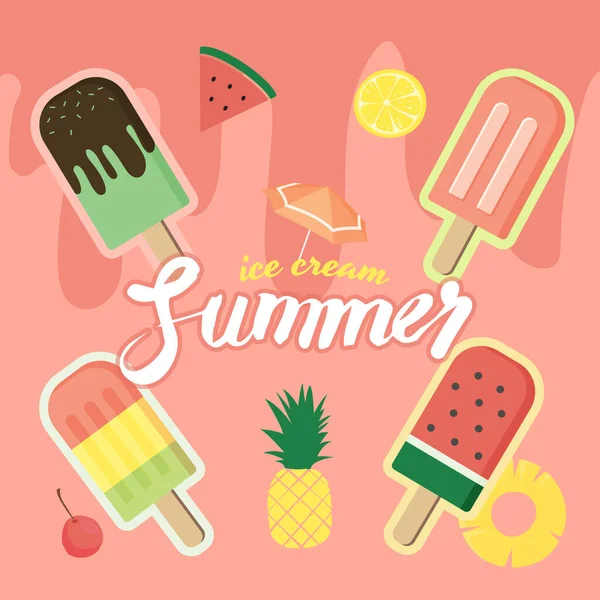 Set Colorful Summer Tropical Fruit Popsicle Ice Cream Vector Icons — Stockový vektor