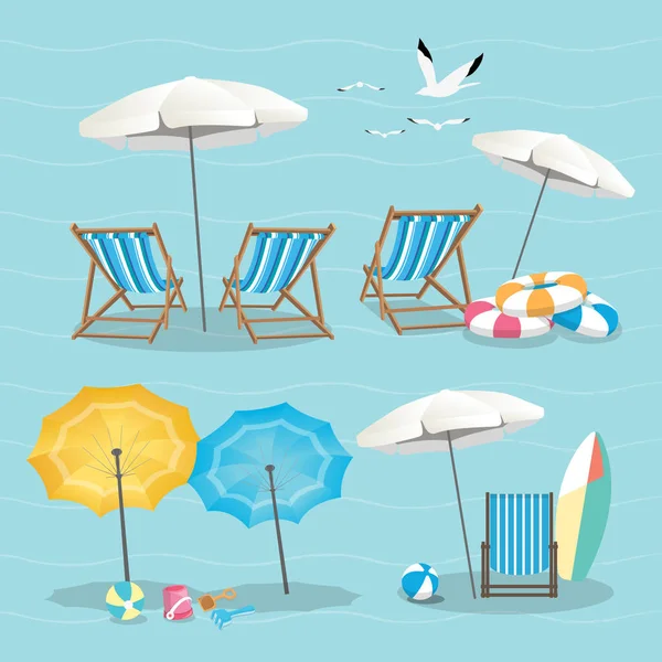 Set Umbrellas Deck Chairs Beach Equipment Icons Paste — ストックベクタ