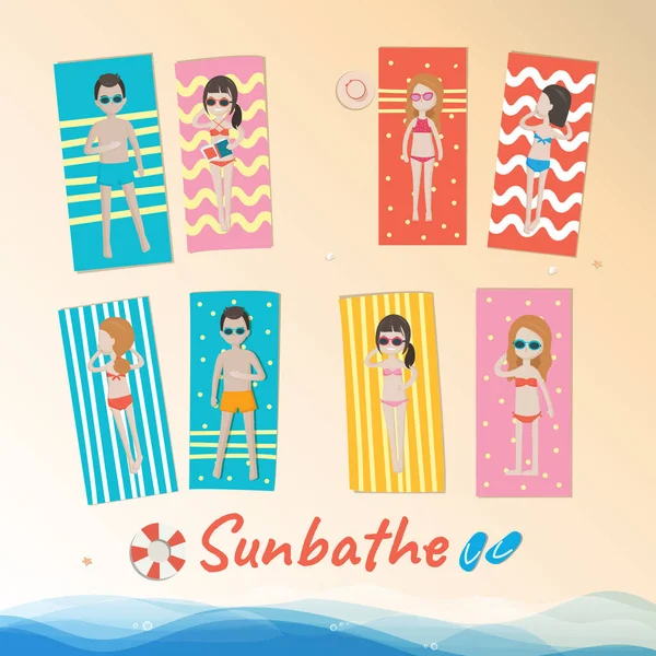 Set Cartoon Characters Relaxing Sunbathing Beach Summer Vacation Concept — ストックベクタ