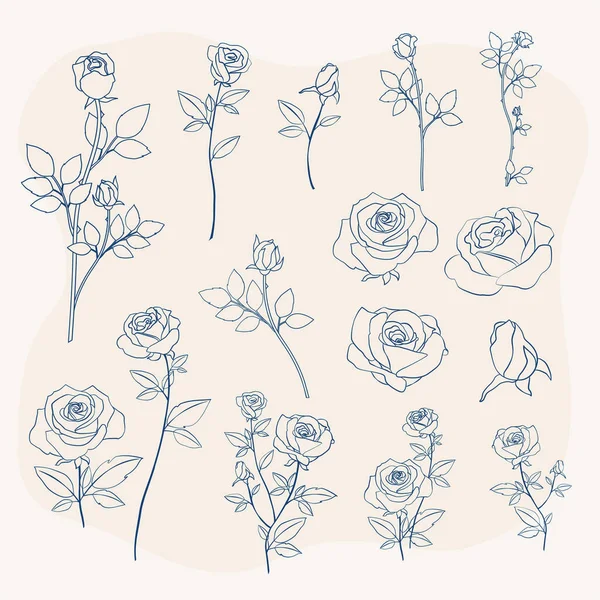 Beautiful Rose Flower Outline Vector Icon Set — стоковый вектор