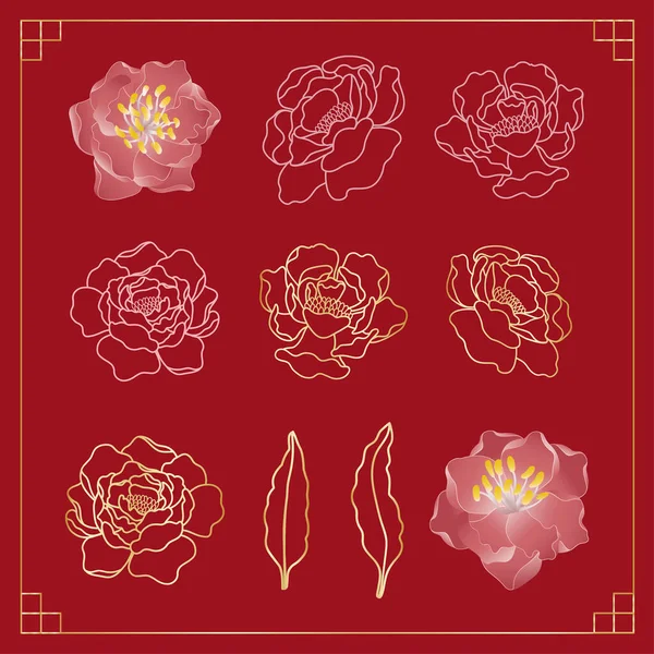 Peony Flower Vector Icon Set Red Oriental Style Background — Stock vektor