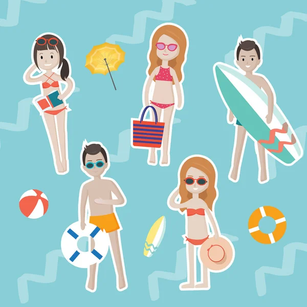 Set Cartoon People Characters Summer Swimsuits Beach Accessory Icons — ストックベクタ