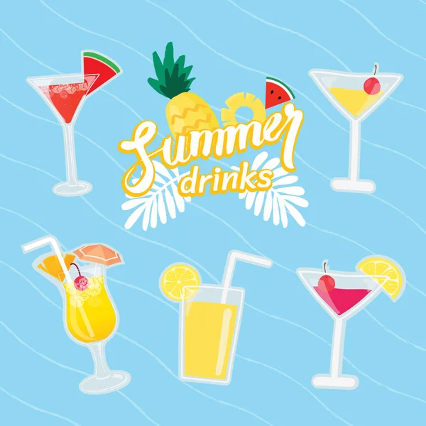 一套热带果汁 夏季饮品和酒杯中的鸡尾酒 — 图库矢量图片#
