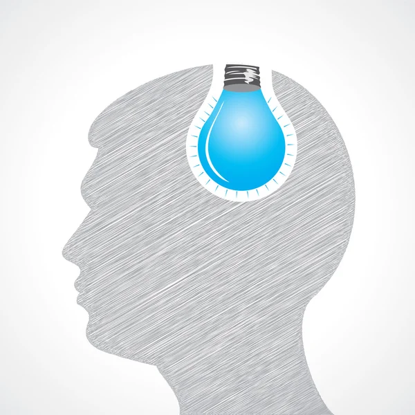 Hand drawn man's face with bulb in his head — Stock Vector