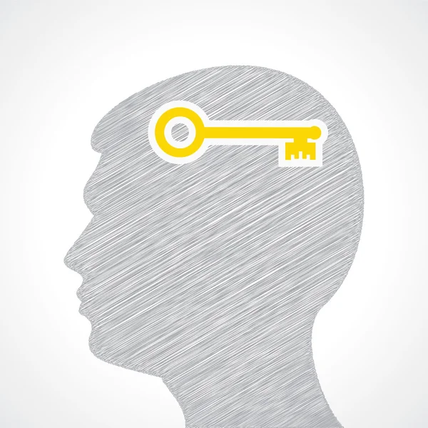 Handgezeichnetes Männergesicht mit Schlüssel im Kopf — Stockvektor