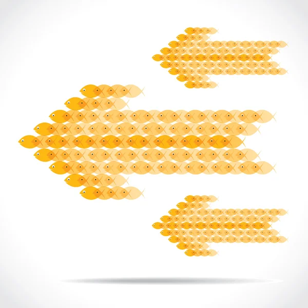 Grupo de peces amarillo hacer forma de flecha — Vector de stock