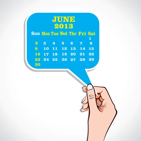 Junio 2013 Calendario en la mano — Vector de stock