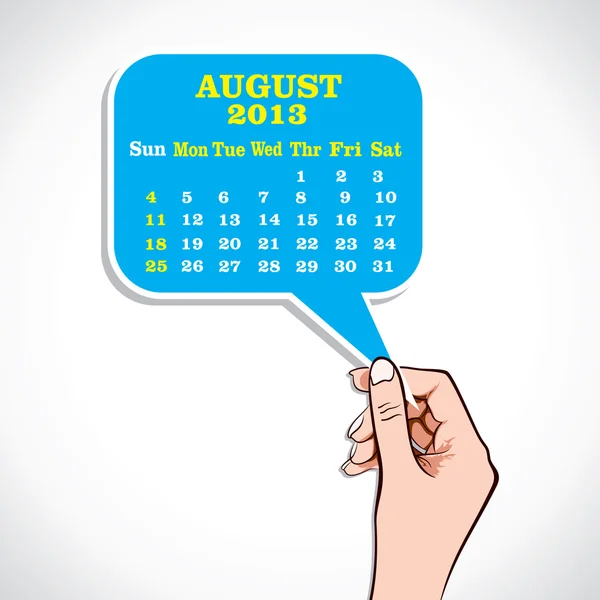 Agosto 2013 Calendario en la mano. Vector — Vector de stock