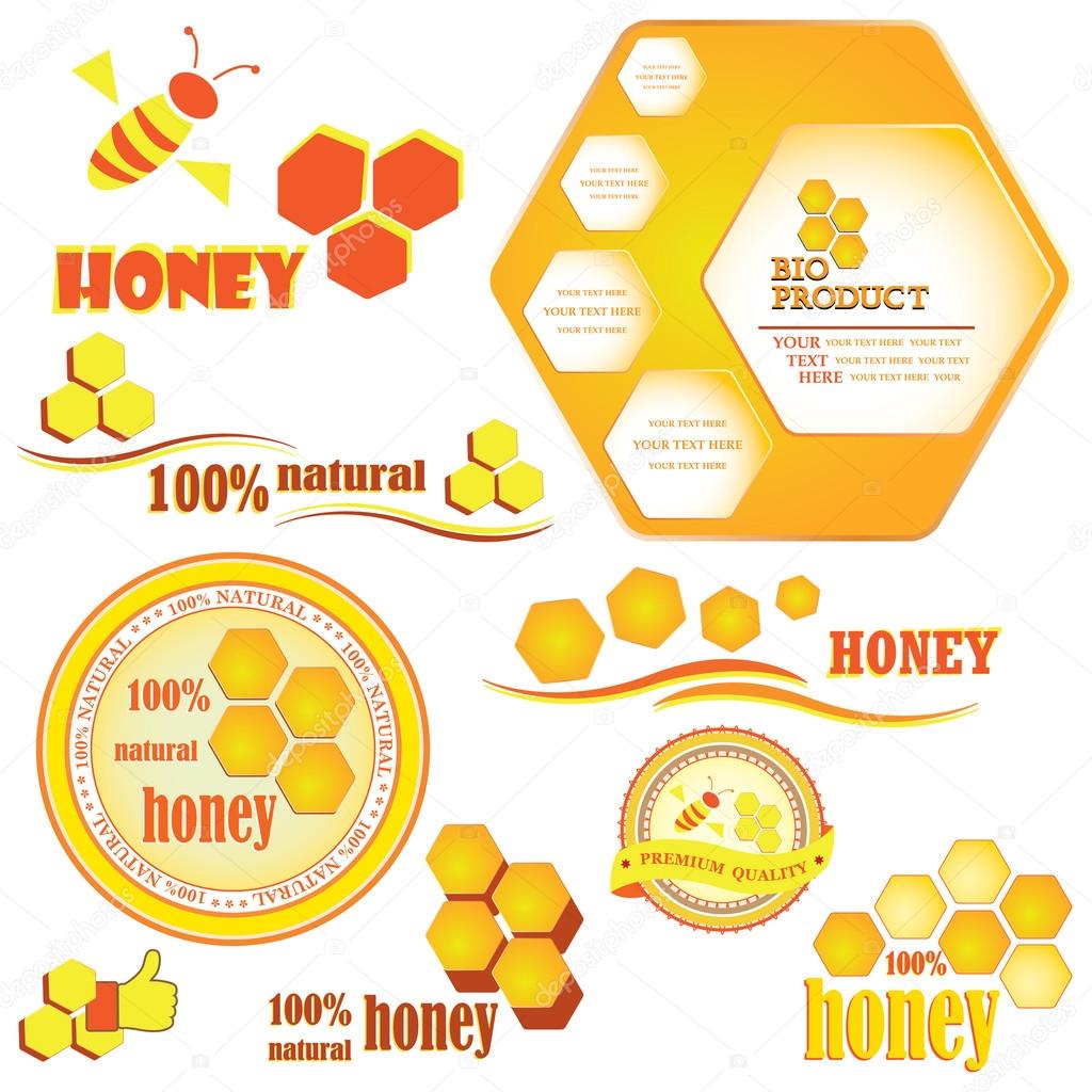 Set of honeycombs and bee badges and labels. Vector illustratio