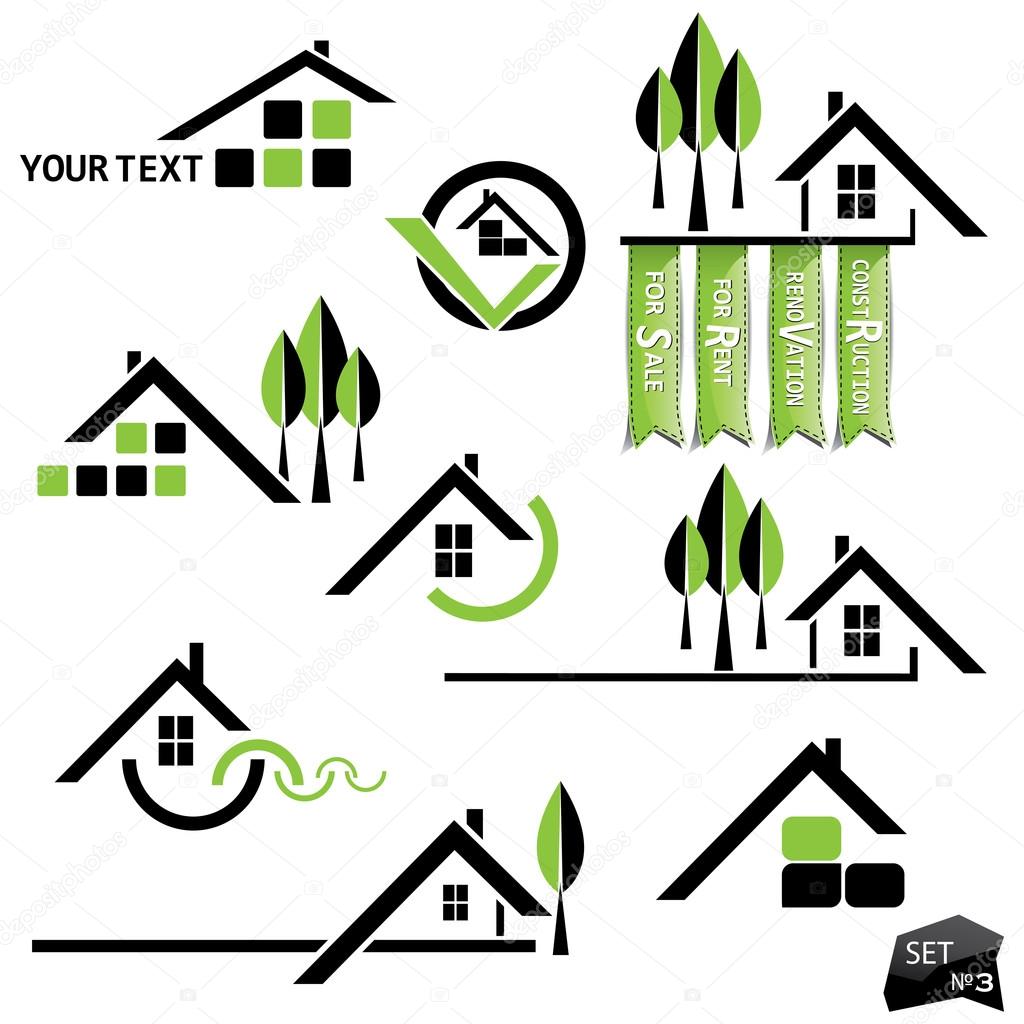 Set of houses icons for real estate business on white background. With natural elements