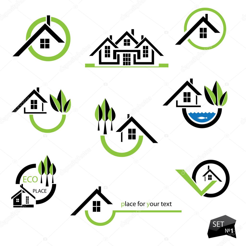 Set of houses icons for real estate business on white background. With natural elements