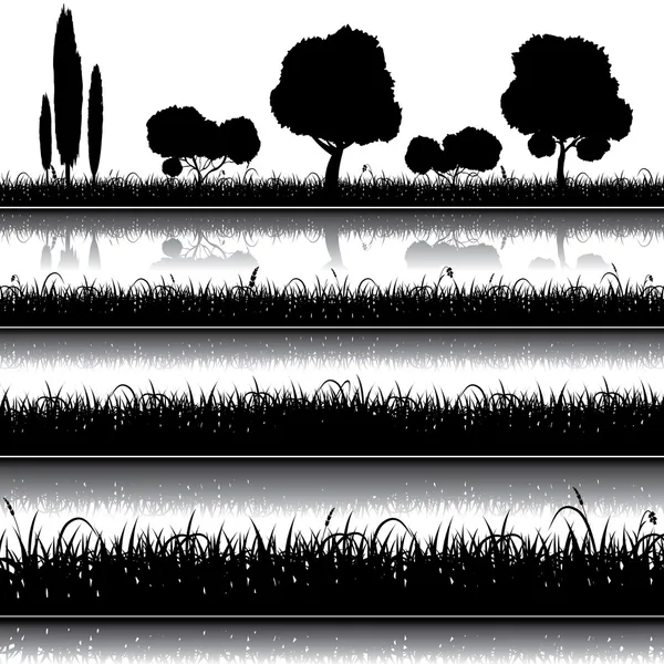 Uppsättning natur bakgrund med gräs, buskar och träd silhouett — Stock vektor