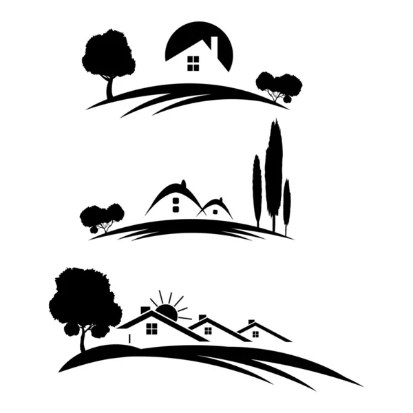 Set of houses icons for real estate business with trees on white — Stock Vector