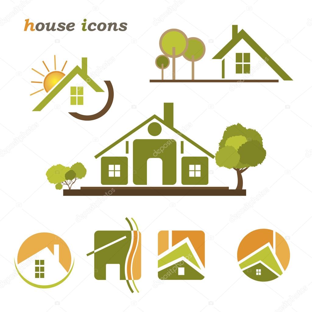 Set of houses icons for real estate business on white background. With natural elements