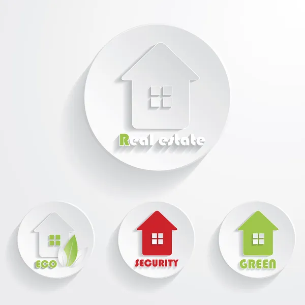 Uppsättning av hus ikoner för fastigheter. med naturlig grön房地产商的房子图标集。与天然绿色 — Stock vektor