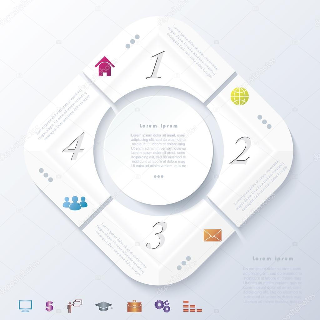 Abstract infographic design with white circle and four segments.