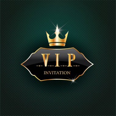 Vip siyah etiket ve altın taç. VIP kartı kapağı. Davetiye için lüks yaratıcı tasarım, tebrik kartı, poster, broşür, koyu arkaplanda etiket. Vektör premium kart tasarımı.