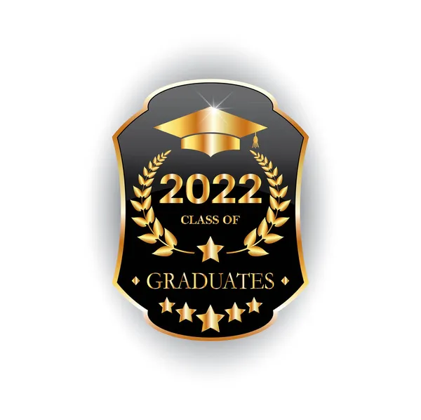 高級2022年の卒業生の創造的なゴールドラベル 卒業キャップ付きゴールデン月桂樹の花輪 ベクトルVipデザインテンプレート ロイヤリティフリーのストックイラスト