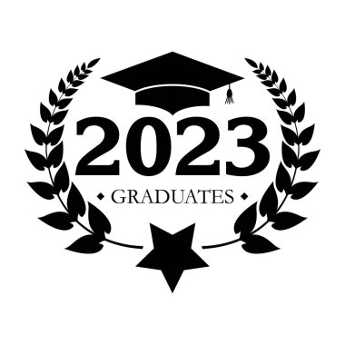 Mezuniyet yüzbaşısı ve defne çelengi ile 2023 mezunu. 2023 mezuniyet kartı kapağı. Tebrik kartınız için yaratıcı tasarım, beyaz arkaplan, kart, davetiye, selamlama üzerine düz tasarım
