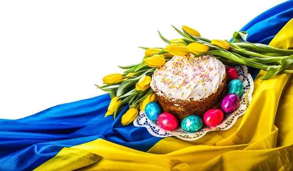 Ουκρανικά Σύμβολα Πάσχα Διακοπές Πασχαλινό Κέικ Χρωματιστά Αυγά Και Τουλίπες — Φωτογραφία Αρχείου