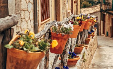 Valldemossa 'nın antik sokaklarının manzarası. Çitin üzerindeki kil çömleklerde menekşeler