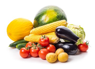 Vegetables and fruits. Tomatoes, corn, cabbage, eggplant, potatoes, watermelon and melon on a white background. Isolate