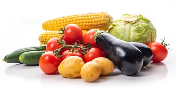 Vegetables Tomatoes Potatoes Corn Eggplant White Background Isolate — Foto de Stock