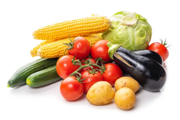 Vegetables Tomatoes Potatoes Corn Cabbage Eggplant White Background Isolate — Foto de Stock