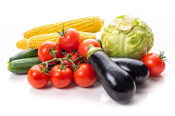 Vegetables Tomatoes Corn Cabbage Eggplant White Background Isolate — Foto de Stock