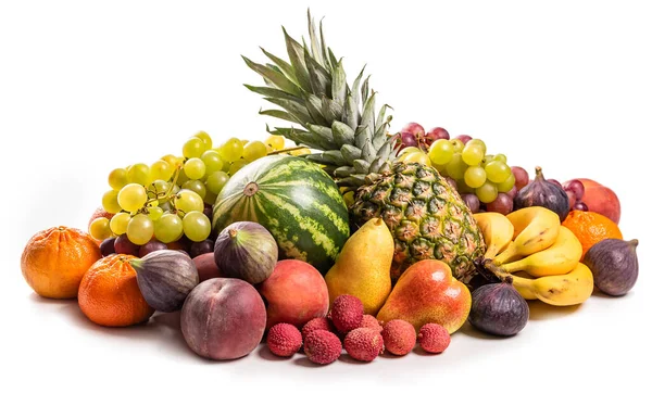 Pineapple Watermelon Grapes Peaches Pears Figs Lychee Tangerines Bananas White — Stok fotoğraf