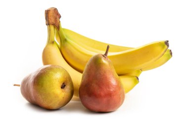 İki kırmızı-yeşil armut ve muz