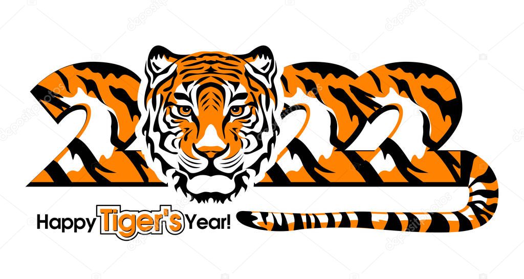 Happy new year 2022. Year of tiger, drawing tiger face and numbers 2022 for poster, brochure, banner, invitation card. Vector illustration