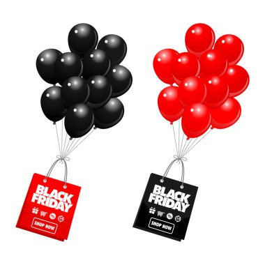 Siyah Cuma indirim şablonu, parlak balonlar ve şeffaf arka planda alışveriş torbaları. Vektör illüstrasyonu.