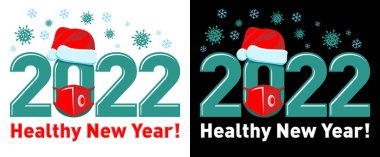 2022 Sağlıklı Yeni Yıl Posteri veya Noel Baba şapkası ve kırmızı maskeli logo. Grip koronavirüsünü durdur. Şeffaf ve koyu arkaplan üzerindeki vektör