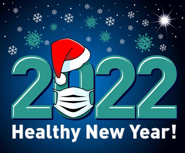 2022 Sağlıklı Yeni Yıl Posteri veya Noel Baba şapkası ve kırmızı maskeli logo. Grip koronavirüsünü durdur. Geceleyin kış arka planında vektör