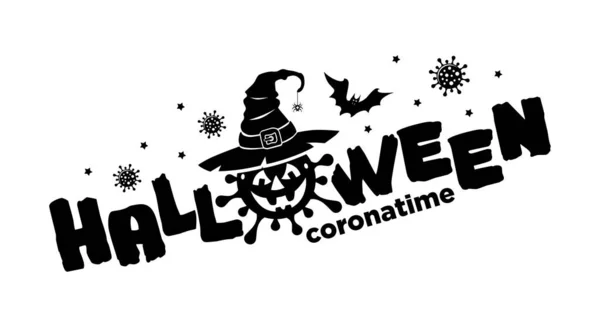 Cartel Halloween Con Elementos Horror Pumkin Coronavirus Murciélago Sombrero Bruja — Vector de stock