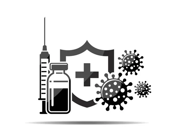 卫生防护盾 疫苗注射器与细菌预防 免疫流感病毒图标 病媒病毒疫苗接种概念 — 图库矢量图片