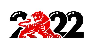 2022 yıllık kaplan. 2022 numaralı afiş, broşür, pankart ve davetiye için Çin tarzı kırmızı kaplan çiziyor. Şeffaf arkaplanda vektör.