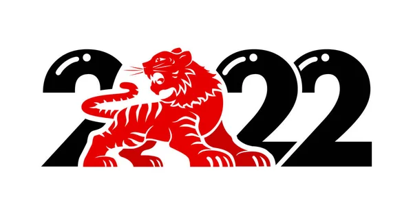 2022 Year Tiger Drawing Chinese Style Red Tiger Black Numbers — Stock Vector