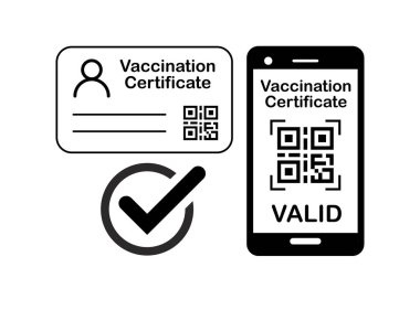 Covid-19 Aşı Sertifikası Simge Resimleri. Korona virüsüne karşı aşı olduğunun kanıtı olarak kart ve akıllı telefon ekranı. Şeffaf arkaplanda vektör