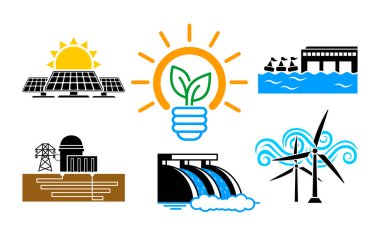 Yeşil enerji geçiş simgeleri ayarlandı. Elektrik üretimi yenilenebilir kaynak tipleri. Güneş, rüzgar, su, deniz, jeotermal enerji karışımı. Şeffaf arkaplanda vektör