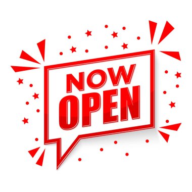 Şimdi açık uyarı işareti. Açılış kutlaması. Şeffaf arkaplanda vektör 