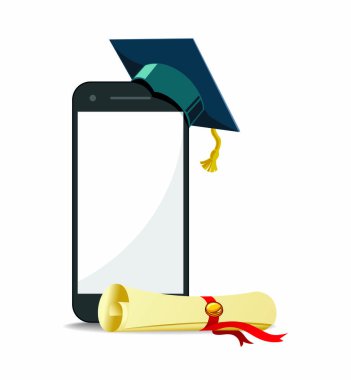 Dijital uzaklık Çevrimiçi Eğitim. Uygulama öğrenimi dünya çapında telefon, mobil internet sitesinde. Uzayın vektör arkaplanını kopyala. 